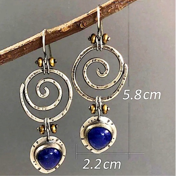 Vintage Silver Blue Lapis Spiral Boho Geometric Dangle Drop Earrings - Picture 4 of 4